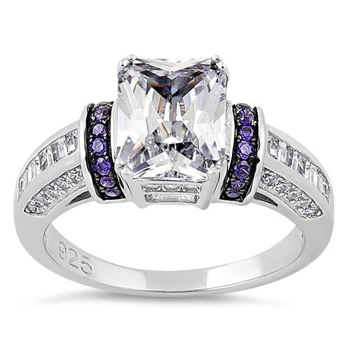JB:SRZ5824 Sterling Silver Clear Emerald Cut Amethyst CZ Ring