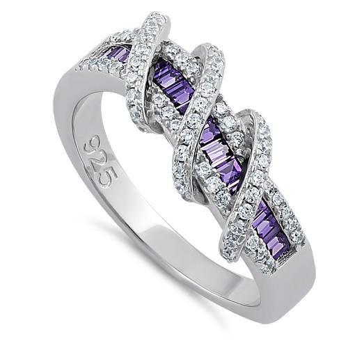 JB:SRZ5871 Sterling Silver Exotic Twisted Amethyst & Clear CZ Ring