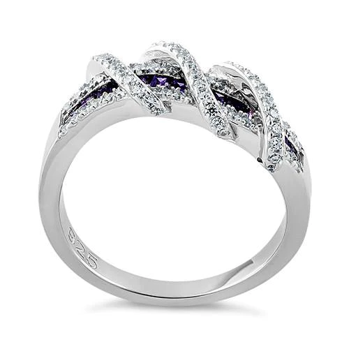 JB:SRZ5871 Sterling Silver Exotic Twisted Amethyst & Clear CZ Ring