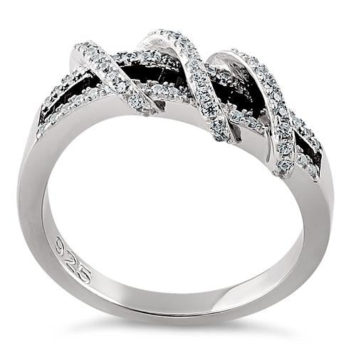 JB:SRZ5870 Sterling Silver Exotic Twisted Bclak & Clear CZ Ring