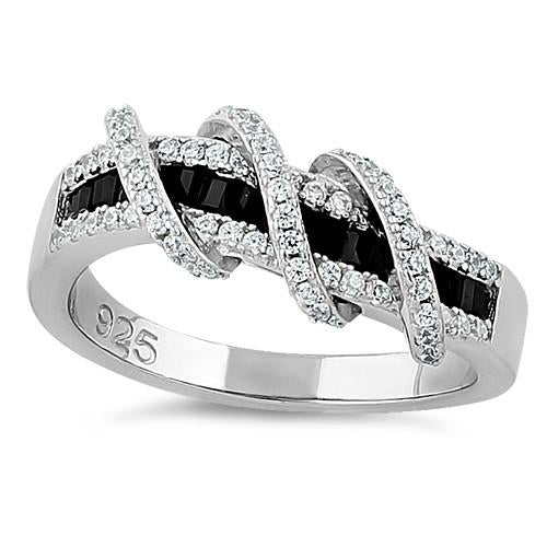 JB:SRZ5870 Sterling Silver Exotic Twisted Bclak & Clear CZ Ring