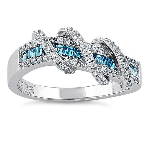 JB:SRZ5875 Sterling Silver Exotic Twisted Blue Topaz & Clear CZ Ring