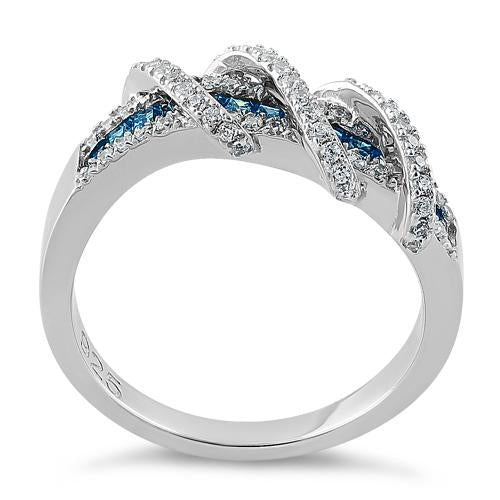 JB:SRZ5875 Sterling Silver Exotic Twisted Blue Topaz & Clear CZ Ring