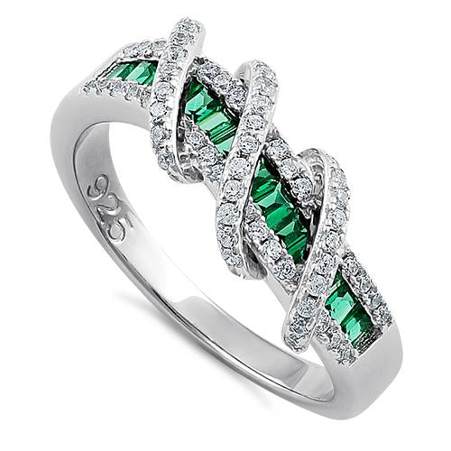JB:SRZ5873 Sterling Silver Exotic Twisted Green & Clear CZ Ring
