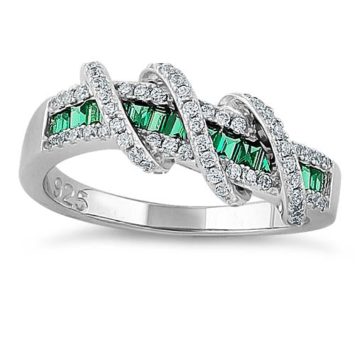 JB:SRZ5873 Sterling Silver Exotic Twisted Green & Clear CZ Ring