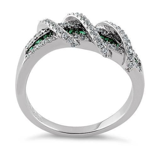 JB:SRZ5873 Sterling Silver Exotic Twisted Green & Clear CZ Ring