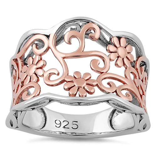 JB:SRP1343 Sterling Silver Rose Gold Two Tone Flowers Ring