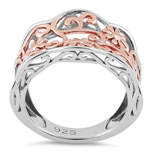 JB:SRP1343 Sterling Silver Rose Gold Two Tone Flowers Ring