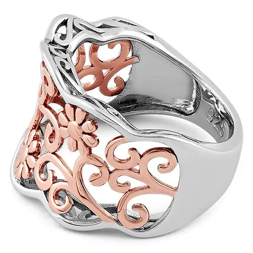 JB:SRP1343 Sterling Silver Rose Gold Two Tone Flowers Ring