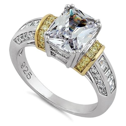 JB:SRZ6002 Sterling Silver Two Tone Gold Plated Emerald Cut Yellow & Clear CZ Ring