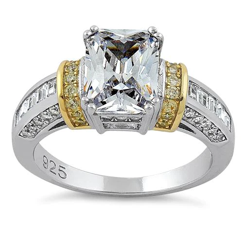 JB:SRZ6002 Sterling Silver Two Tone Gold Plated Emerald Cut Yellow & Clear CZ Ring