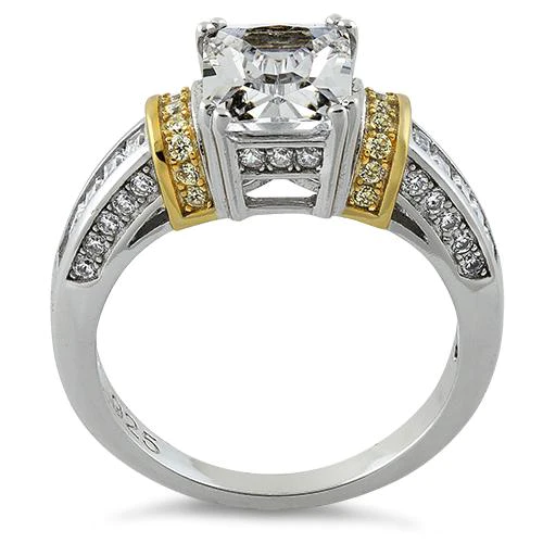JB:SRZ6002 Sterling Silver Two Tone Gold Plated Emerald Cut Yellow & Clear CZ Ring