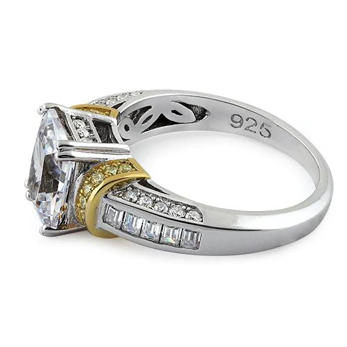 JB:SRZ6002 Sterling Silver Two Tone Gold Plated Emerald Cut Yellow & Clear CZ Ring