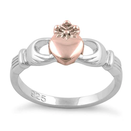 JB:SRP1291 Sterling Silver Two Tone Rose Gold Plated Claddagh Ring