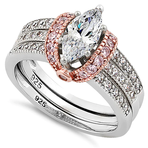 JB:SRZ5945 Sterling Silver Two-tone Rose Gold Plated Clear Marquise CZ Set Ring