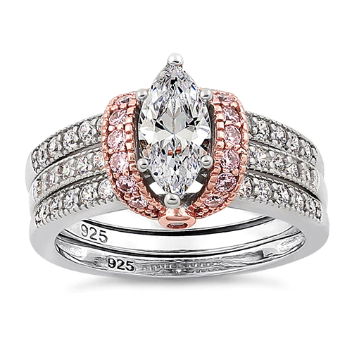 JB:SRZ5945 Sterling Silver Two-tone Rose Gold Plated Clear Marquise CZ Set Ring