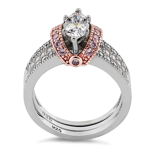 JB:SRZ5945 Sterling Silver Two-tone Rose Gold Plated Clear Marquise CZ Set Ring