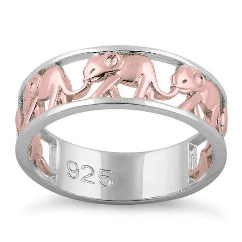JB:SRP1300 Sterling Silver Two Tone Rose Gold Plated Multiple Elephants Ring