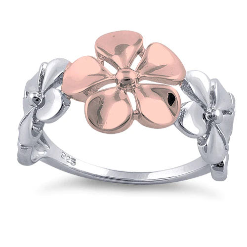 JB:SRP1377 Sterling Silver Two Tone Rose Gold Plated Triple Plumeria Ring