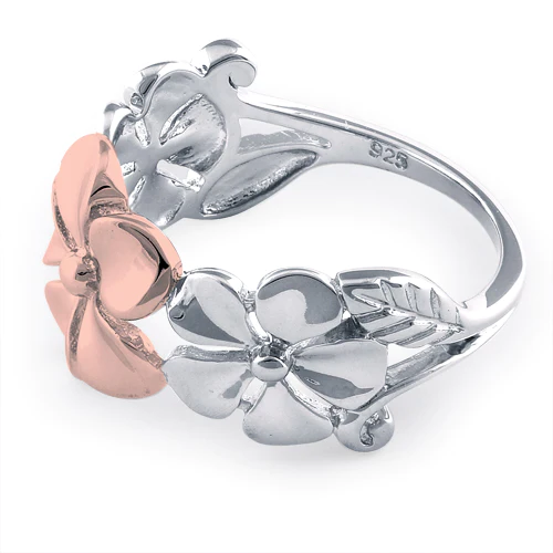 JB:SRP1377 Sterling Silver Two Tone Rose Gold Plated Triple Plumeria Ring