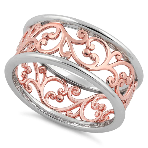 JB:SRP1755 Sterling Silver Two Tone Rose Gold Plated Vines Band Ring