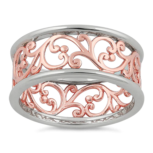 JB:SRP1755 Sterling Silver Two Tone Rose Gold Plated Vines Band Ring