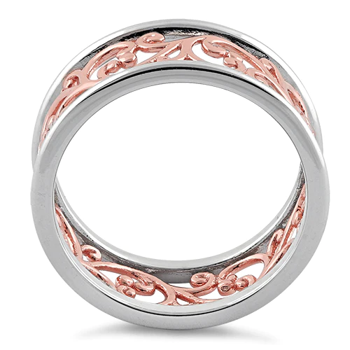 JB:SRP1755 Sterling Silver Two Tone Rose Gold Plated Vines Band Ring