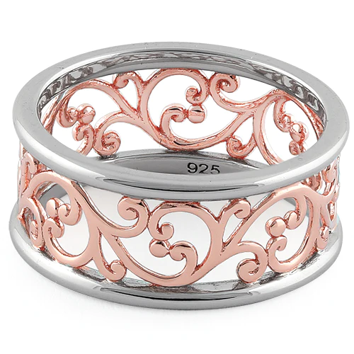 JB:SRP1755 Sterling Silver Two Tone Rose Gold Plated Vines Band Ring