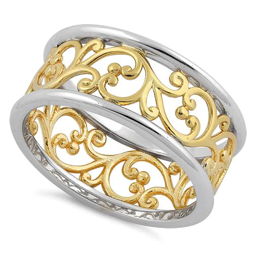 JB:SRP1756 Sterling Silver Two Tone Yellow Gold Plated Vines Band Ring