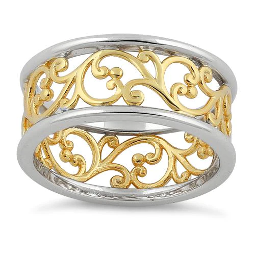 JB:SRP1756 Sterling Silver Two Tone Yellow Gold Plated Vines Band Ring