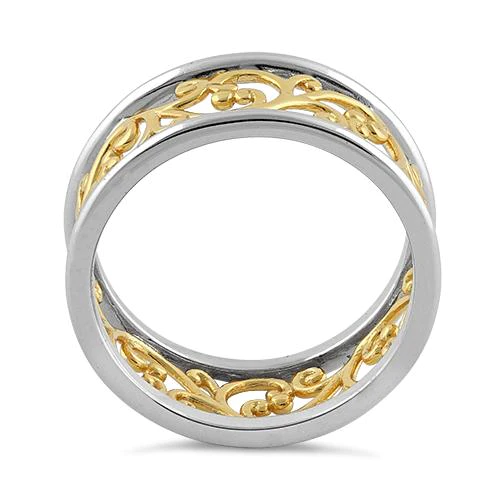JB:SRP1756 Sterling Silver Two Tone Yellow Gold Plated Vines Band Ring