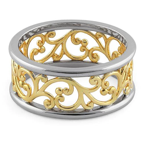 JB:SRP1756 Sterling Silver Two Tone Yellow Gold Plated Vines Band Ring