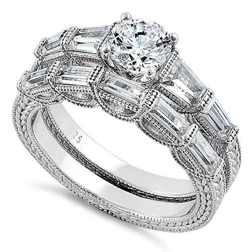 JB:SRZ6179 Sterling Silver Vintage Round & Baguette Cut Clear CZ Engagement Ring Set